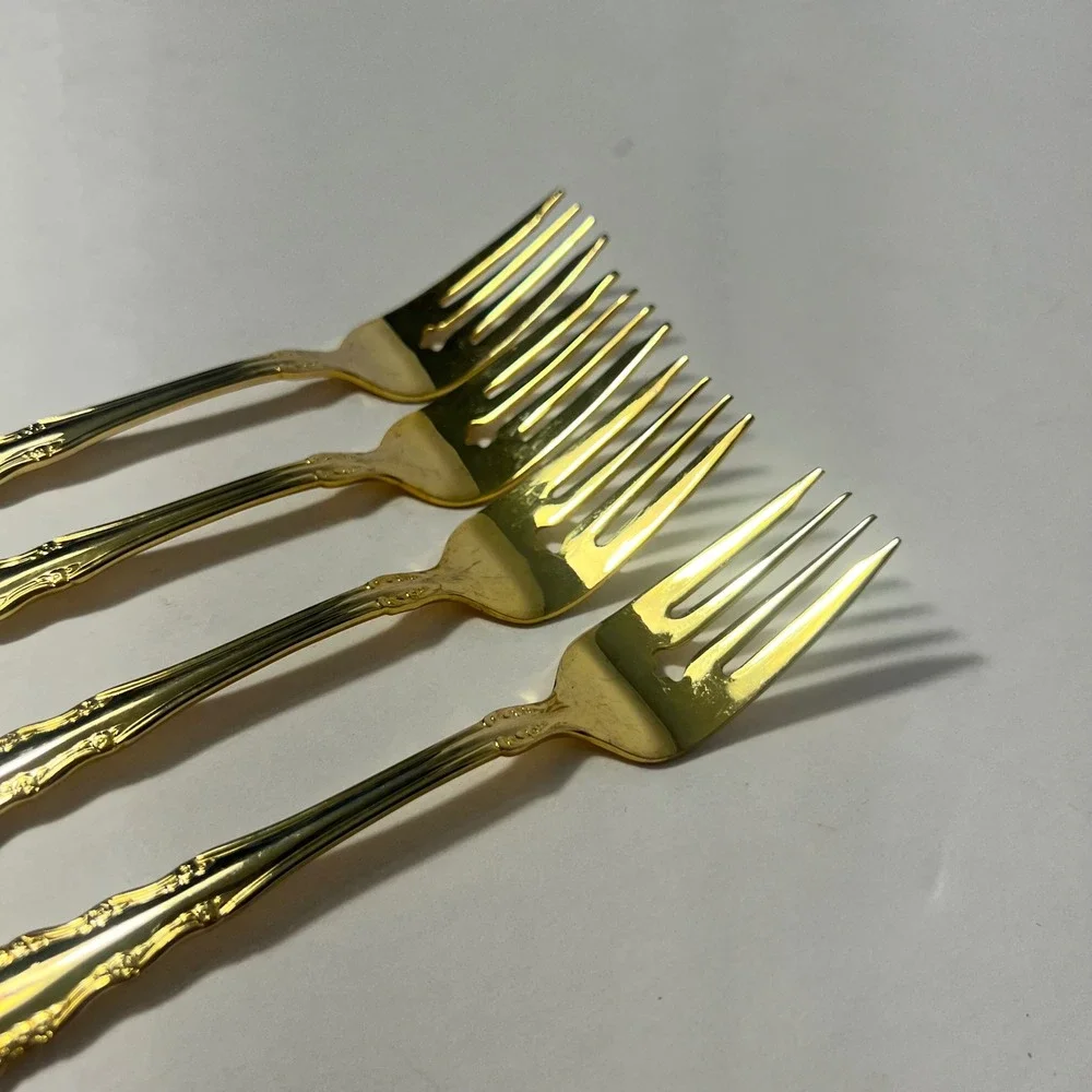 1847 Rogers Bros Gold Electroplate Salad Dessert Forks Set of 4 Floral 6in